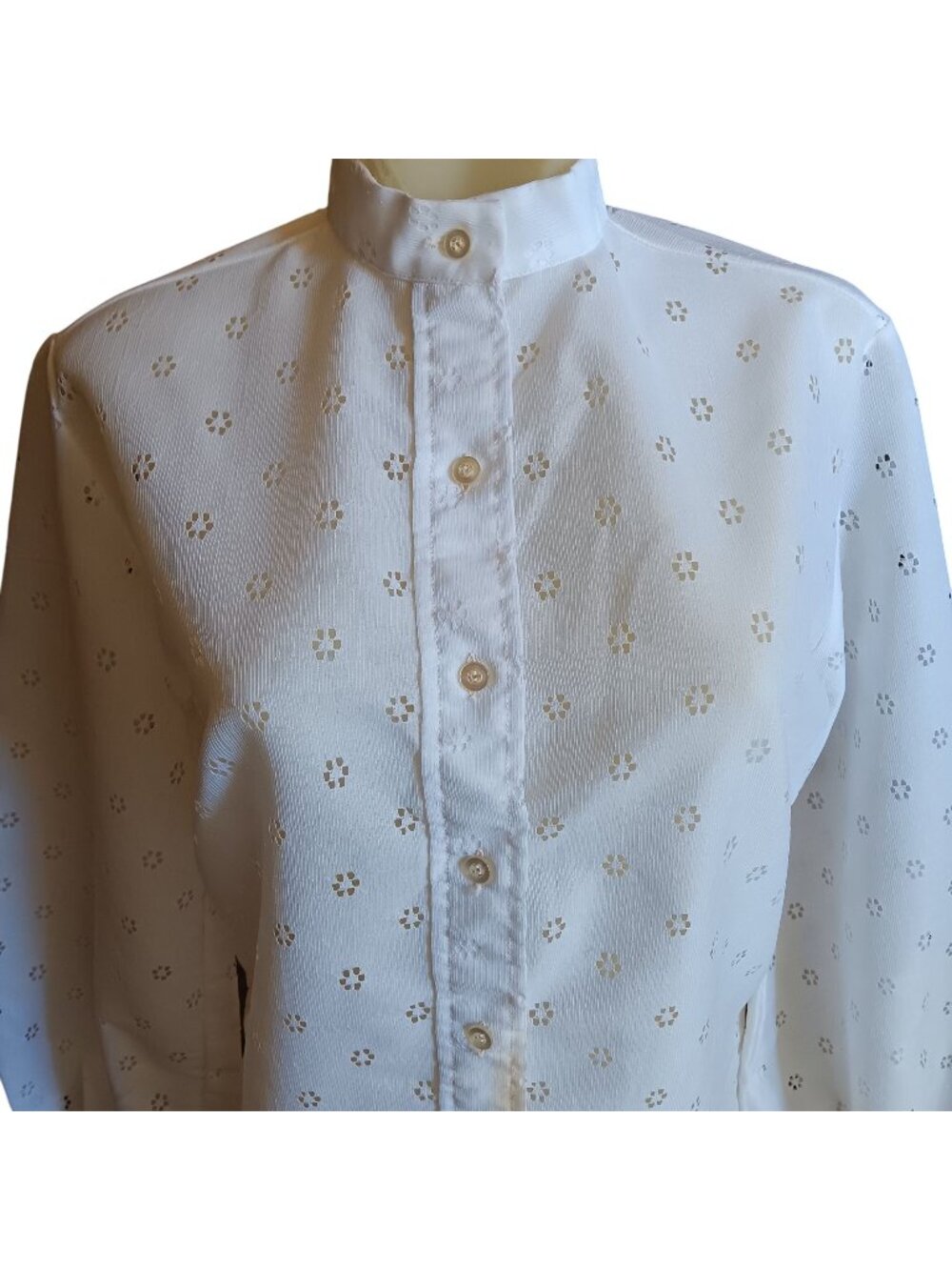 Medium Vintage Boho Blouse White Pierced Eyelet Stand Collar Billow Sleeves Boho